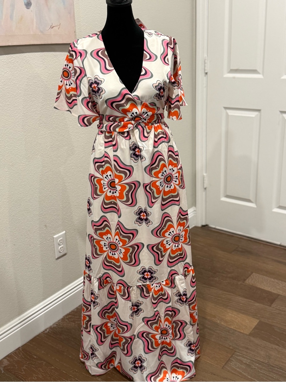 Ciebon Cream Maxi Dress with Orange and Pink Floral Motif